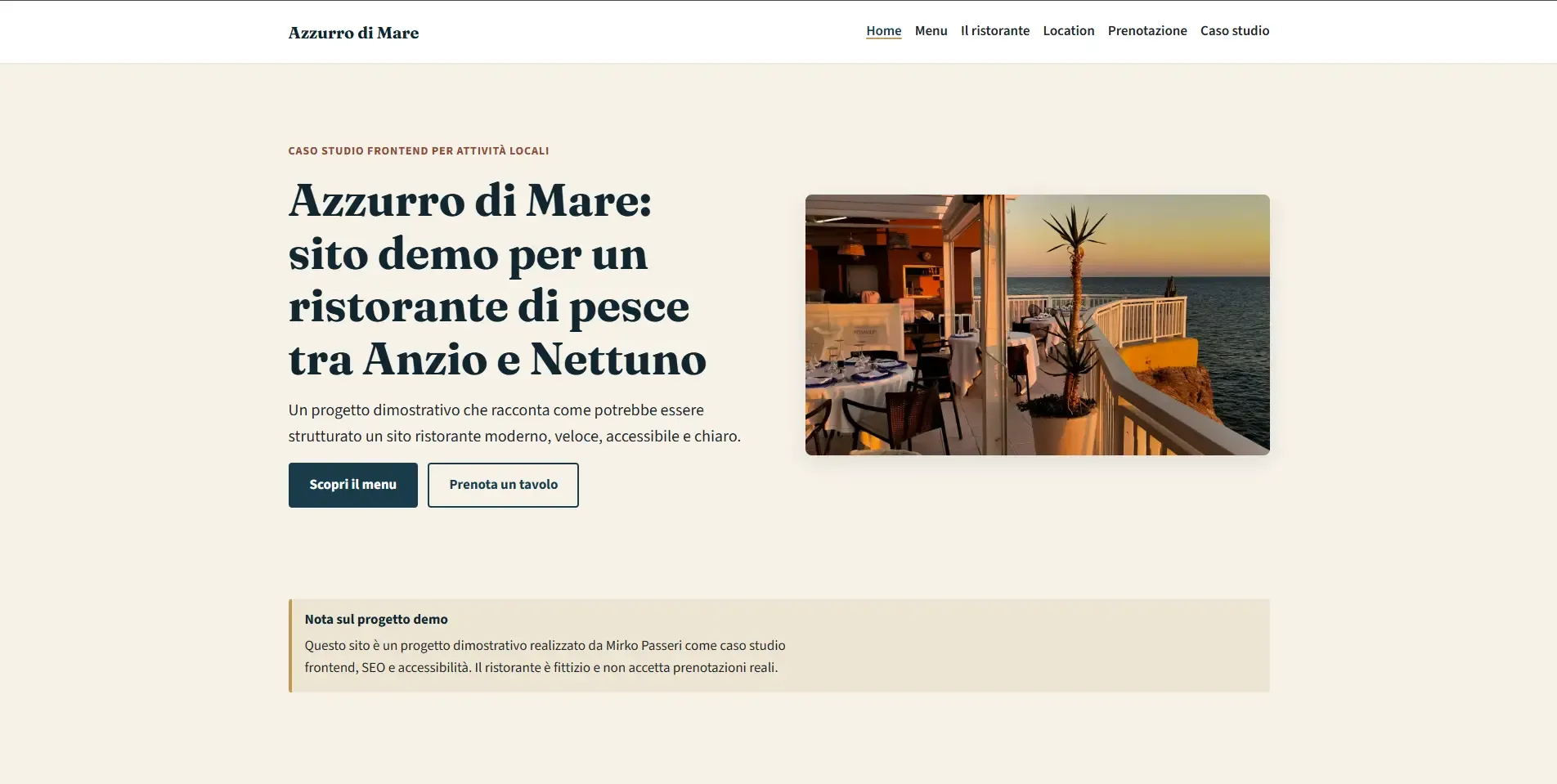 Screenshot del sito Azzurro di Mare, un progetto dimostrativo pensato come caso studio frontend per un ristorante di pesce immaginario tra Anzio e Nettuno.