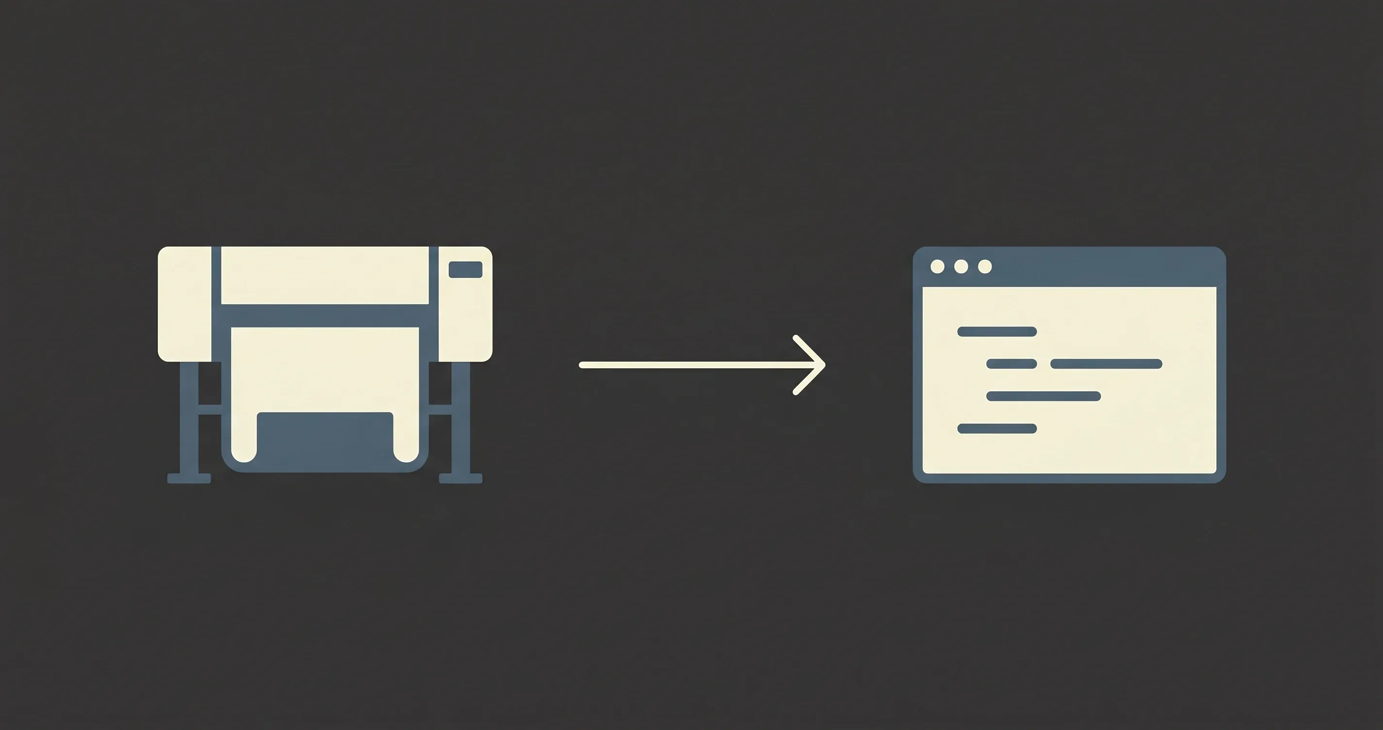 Illustrazione minimal: plotter da stampa industriale e finestra browser con codice, collegati da una freccia sottile