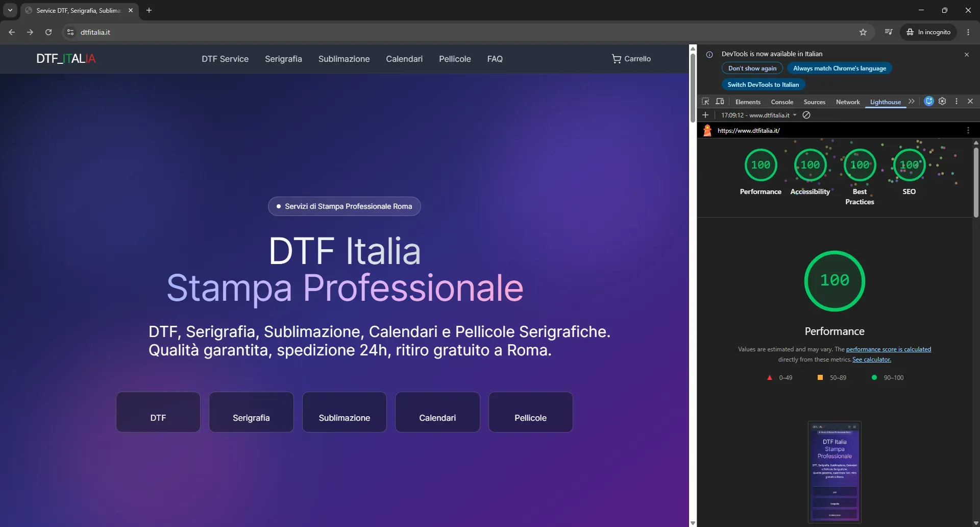 Risultato Lighthouse del progetto DTF Italia con punteggio 100 in Performance, Accessibilità, Best Practices e SEO.