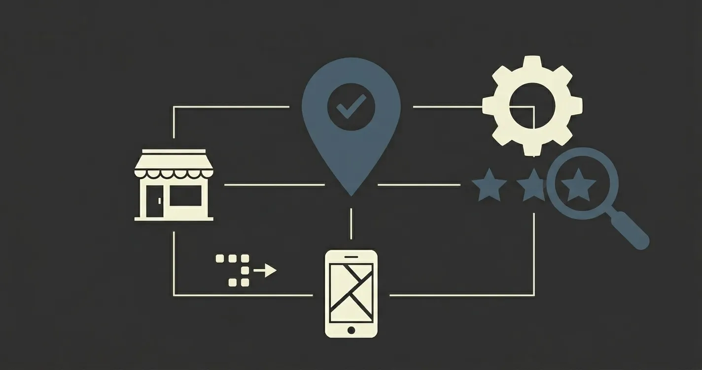 Illustrazione minimal sulla visibilità locale online con negozio, segnaposto su mappa,lente d'ingrandimento e ingranaggio, recensioni e smartphone