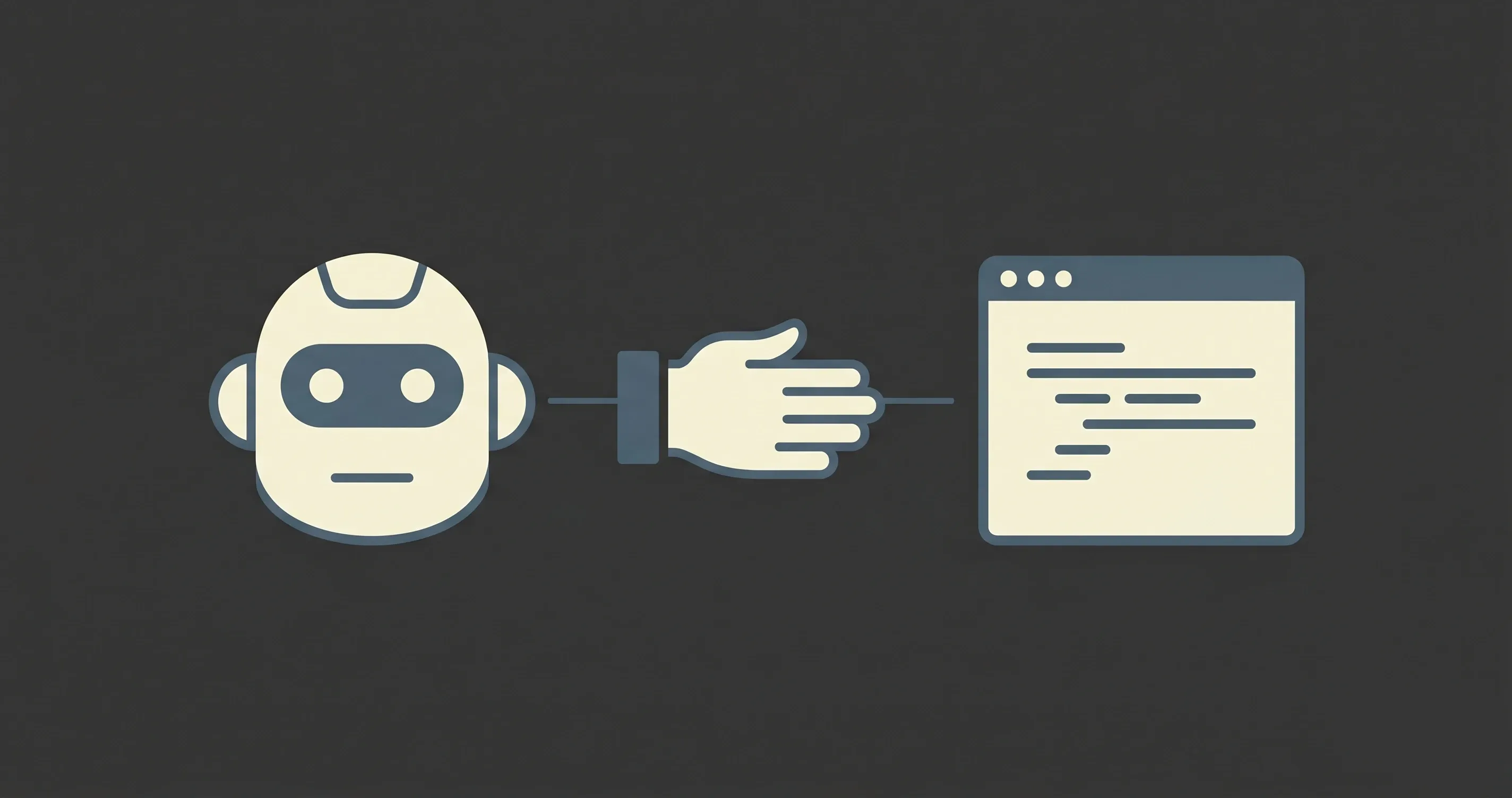 Illustrazione minimal: icona robot AI e browser con codice, connessi da una mano umana