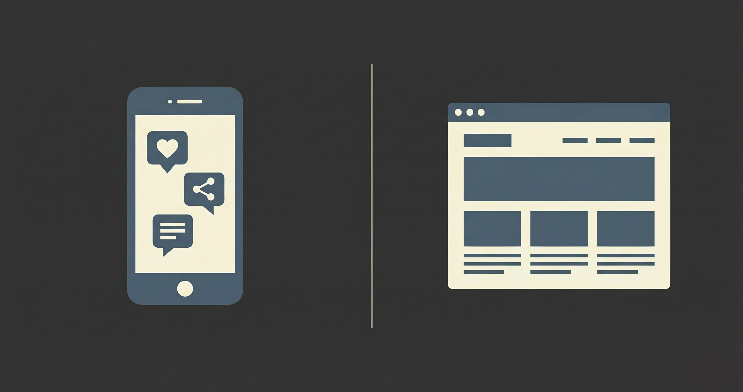 Illustrazione minimal: smartphone con social media a sinistra, browser web a destra